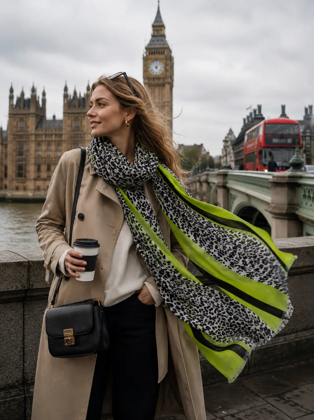 Leopard Scarf - Dark Navy Print with Lime Stripes Ocean Ray London