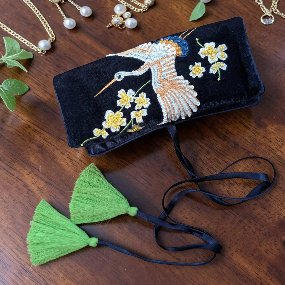 Crane Embroidery Jewellery Roll Ocean Ray London