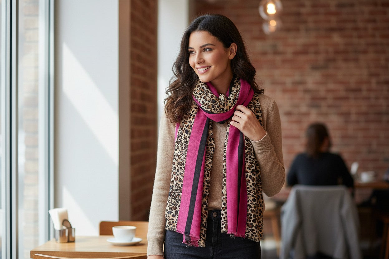 Fushia Pink Stripe Leopard Print Scarf Ocean Ray London