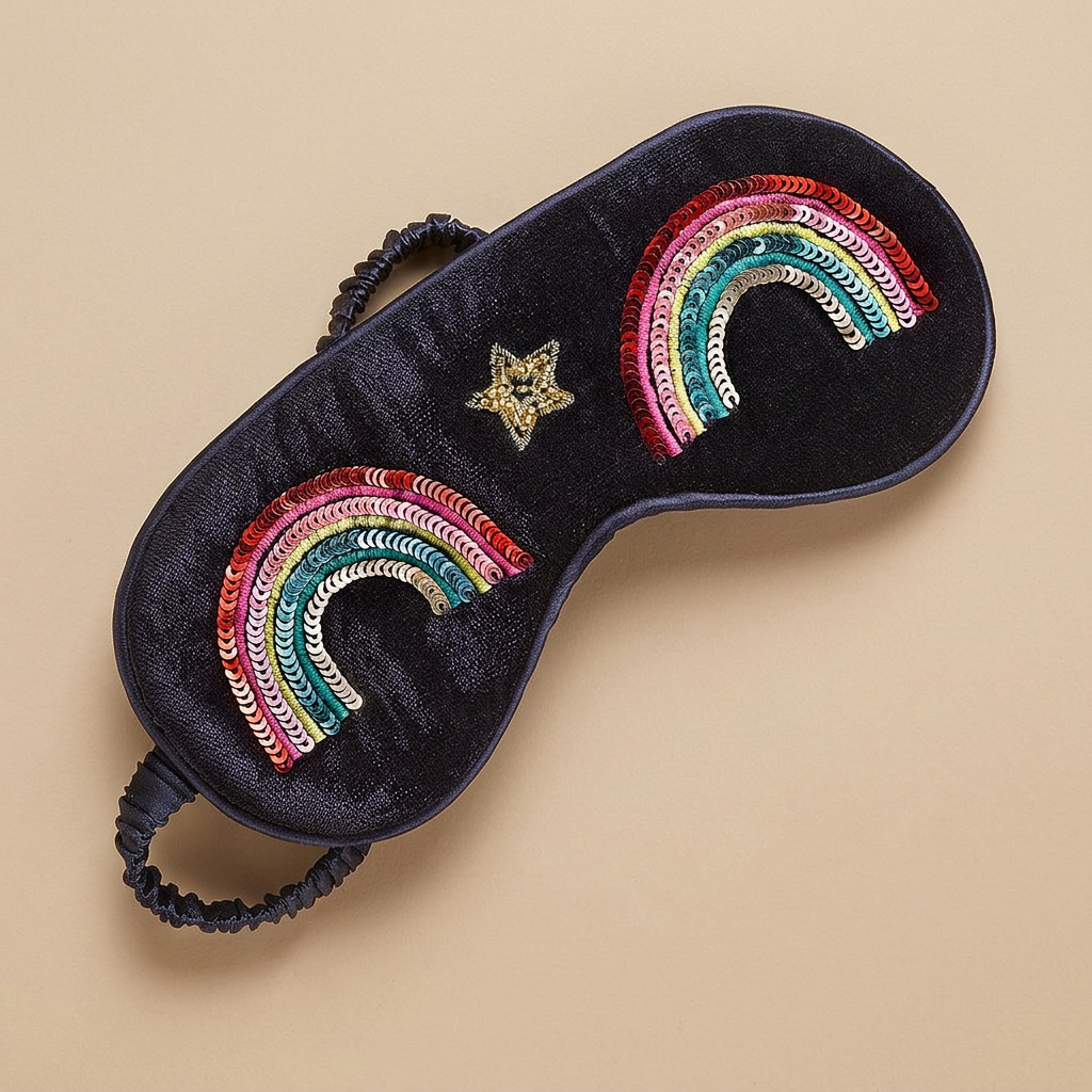 Dark velvet eye mask with colourful sequin rainbows and a gold-toned star on a warm beige background