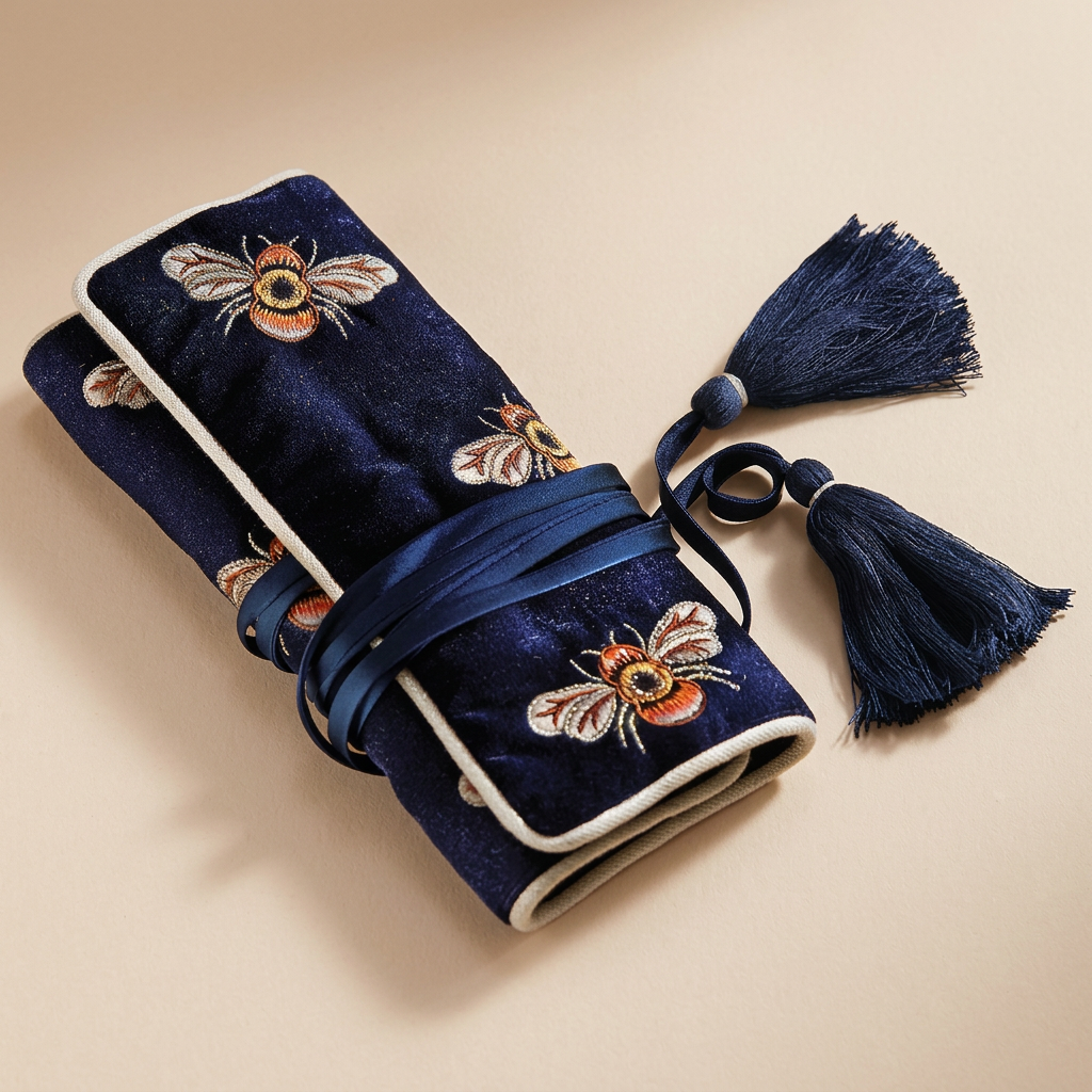 Navy velvet jewellery roll with embroidered bees, ivory piping and navy ribbon tassels on a warm beige background
