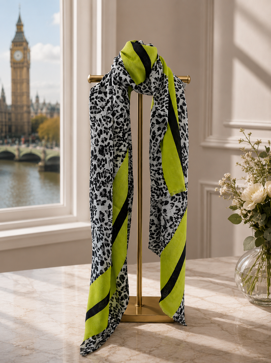 Leopard Scarf - Dark Navy Print with Lime Stripes Ocean Ray London