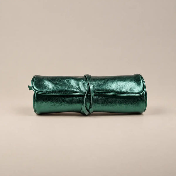 Jewellery Roll Green Metallic Leather