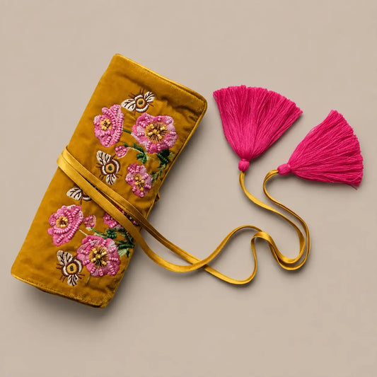 Golden Garden Bee Velvet Jewellery Roll – Mustard Yellow Ocean Ray London
