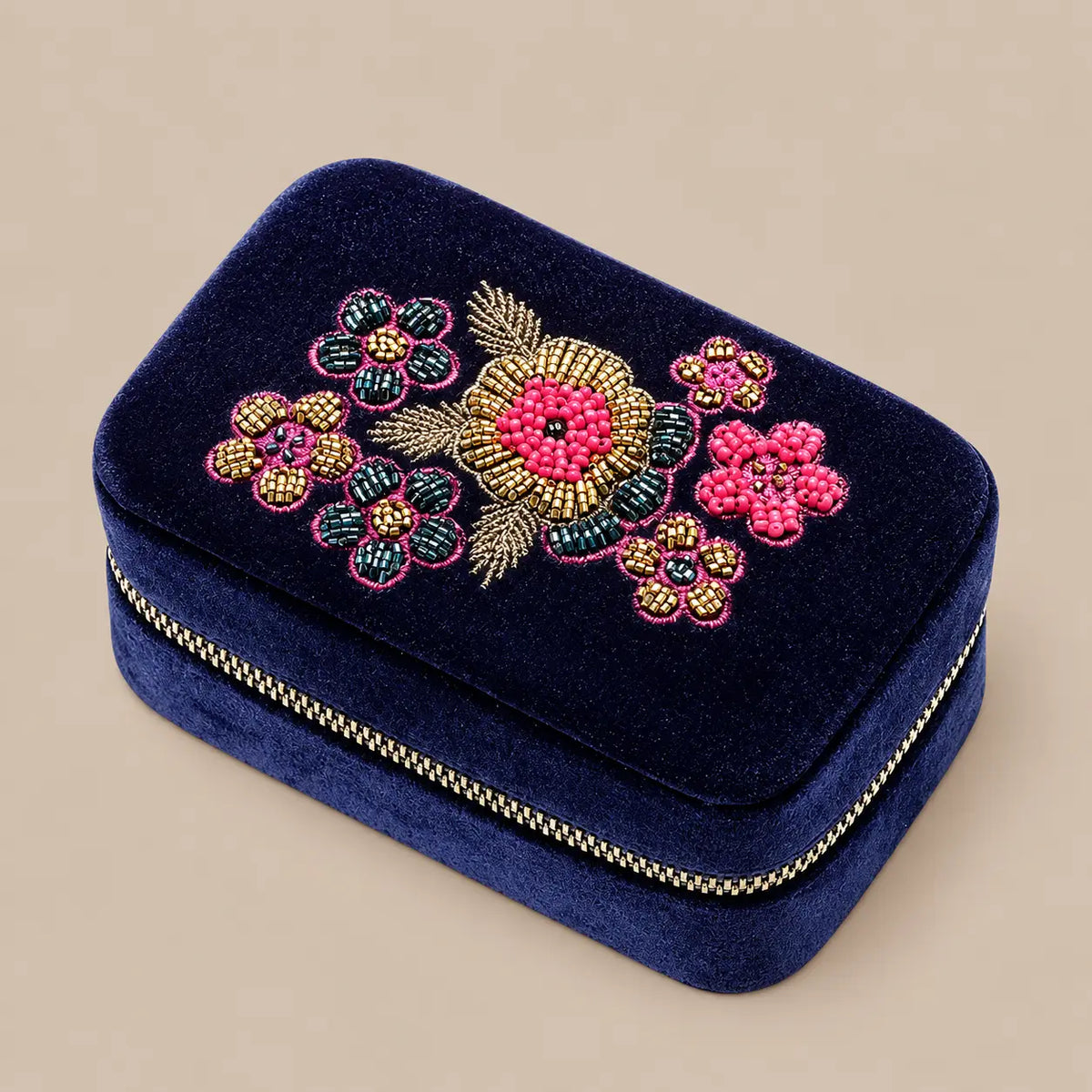 Midnight Garden Embroidered Velvet Jewellery Box Navy Ocean Ray London