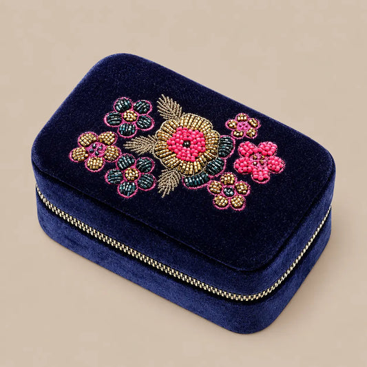 Midnight Garden Embroidered Velvet Jewellery Box Navy Ocean Ray London