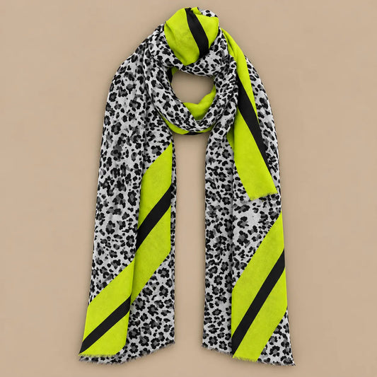Leopard Scarf - Dark Navy Print with Lime Stripes