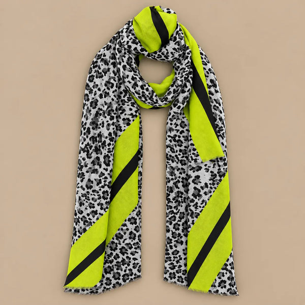 Leopard Scarf - Dark Navy Print with Lime Stripes