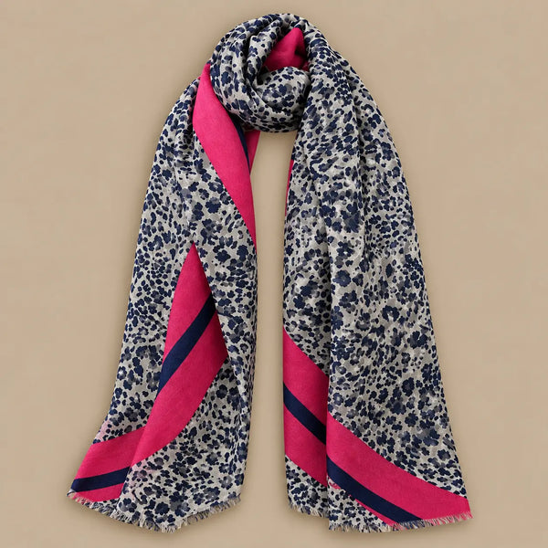 Leopard Scarf - Navy Print with Pink Stripes