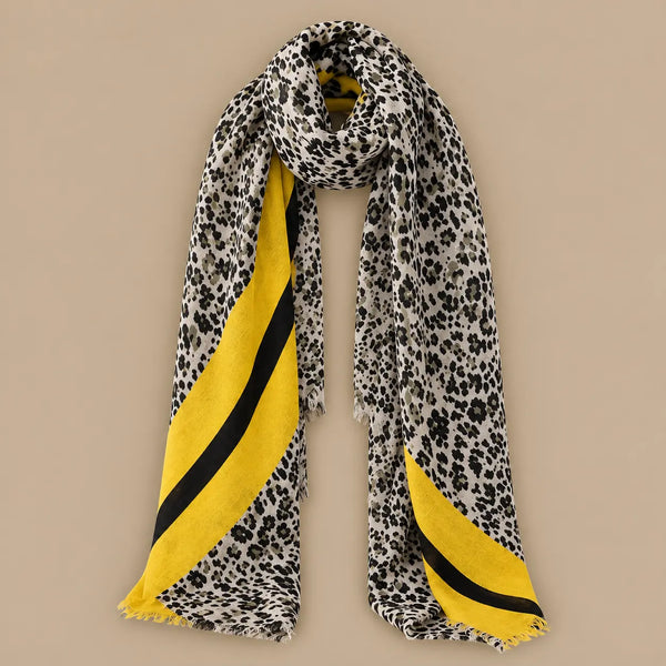 Leopard Scarf - Navy Print with Yellow Stripes