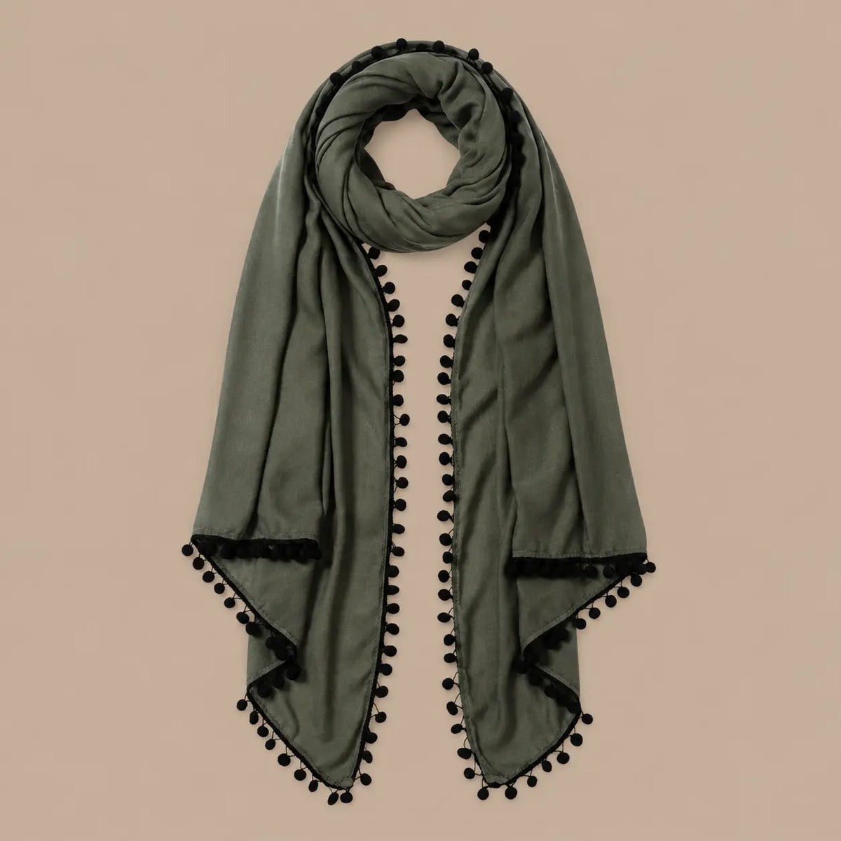 Khaki Pompom Scarf Ocean Ray London