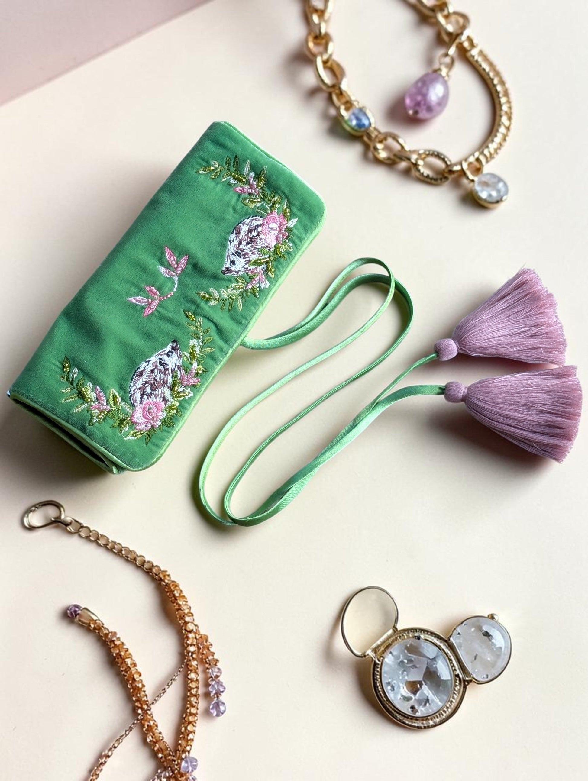 Hedgehog Embroidery Jewellery Roll Ocean Ray London