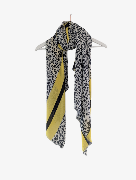 Leopard Scarf - Navy Print with Yellow Stripes