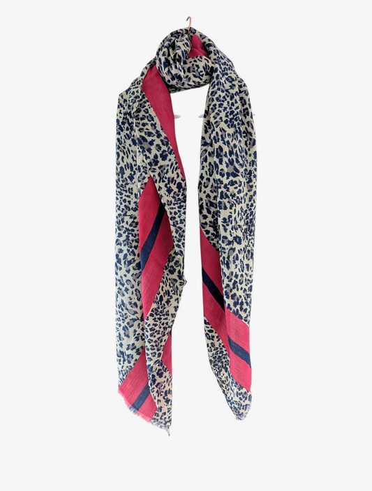 Leopard Scarf - Navy Print with Pink Stripes