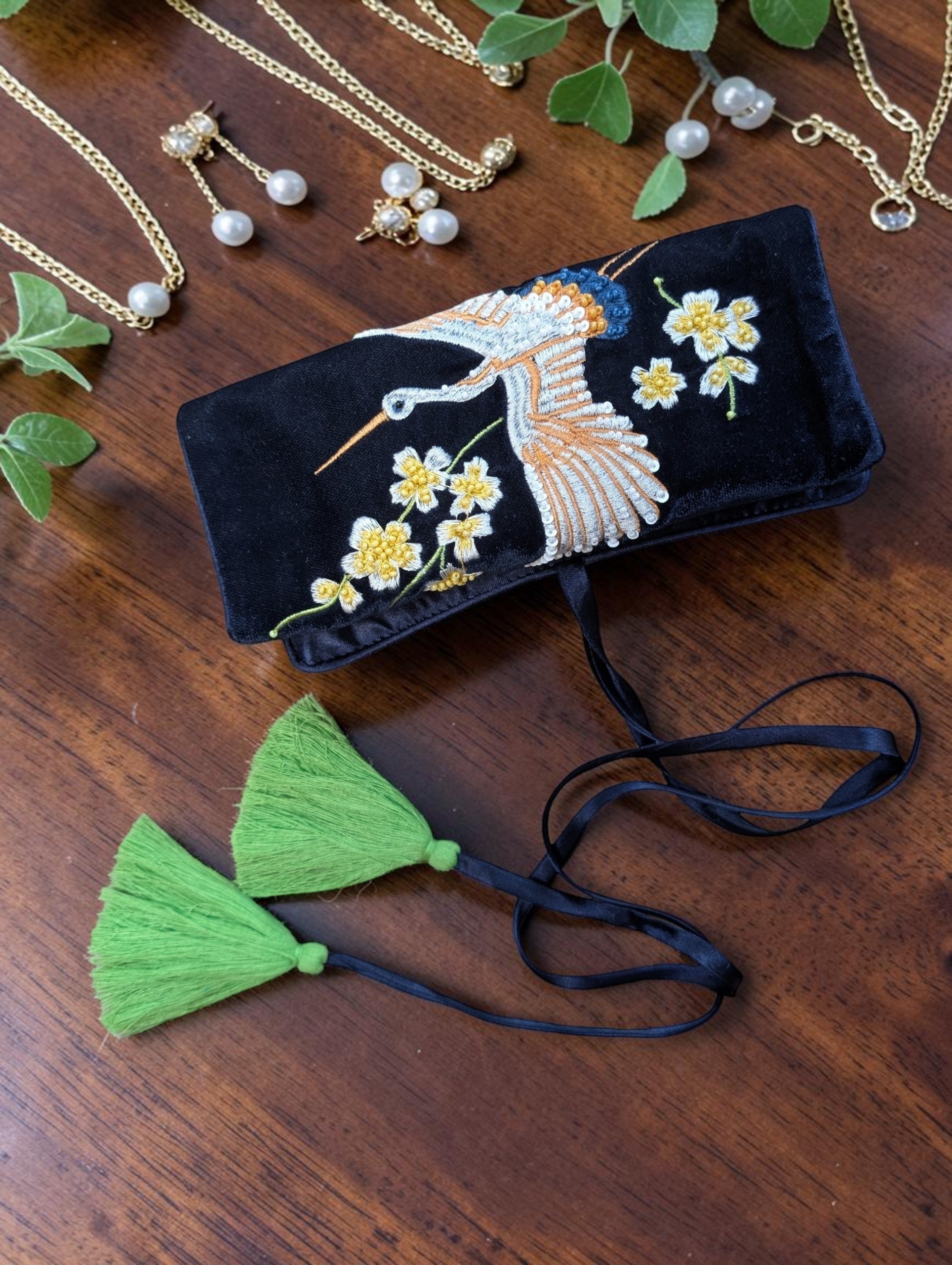 Crane Embroidery Jewellery Roll Ocean Ray London