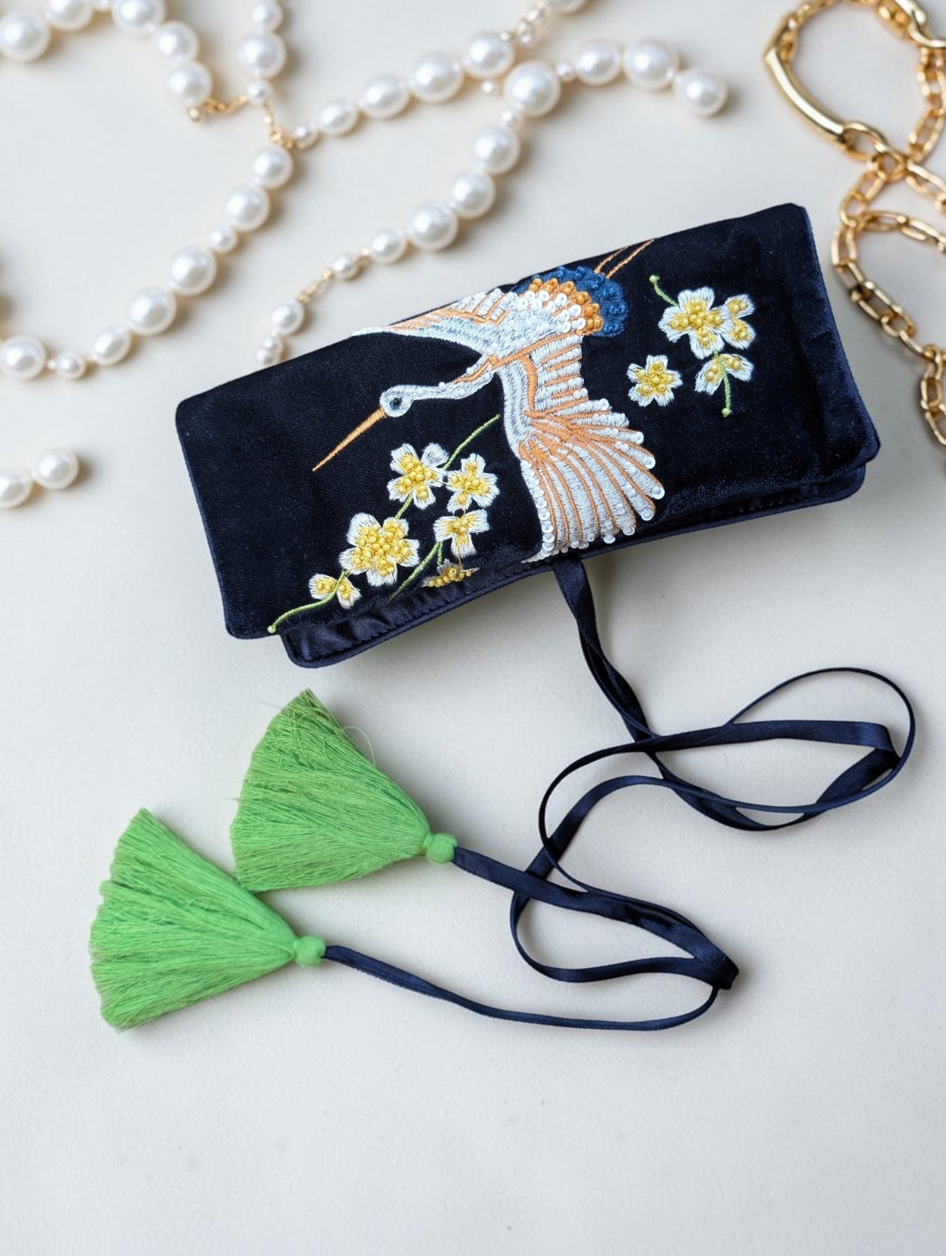 Crane Embroidery Jewellery Roll Ocean Ray London