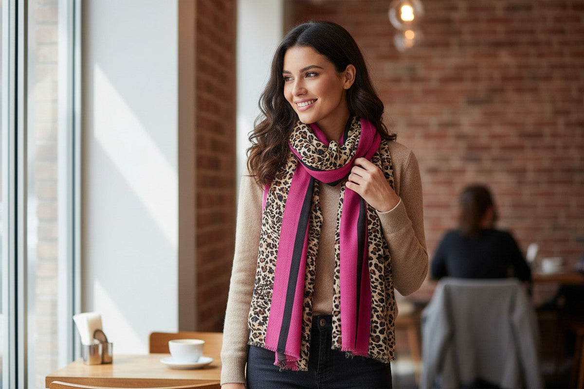 Fushia Pink Stripe Leopard Print Scarf Ocean Ray London