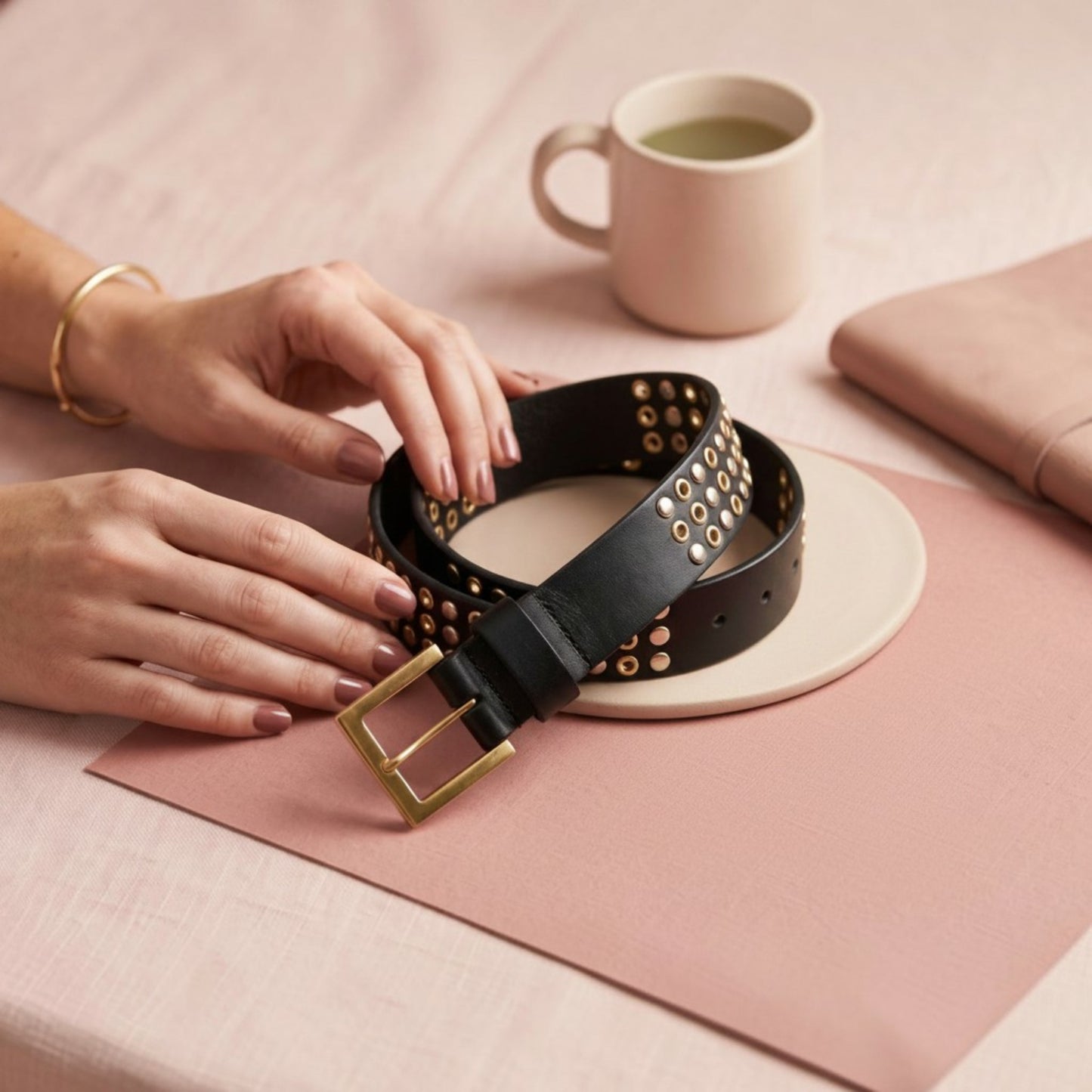 Ladies Leather Belt - Black with Gold studs