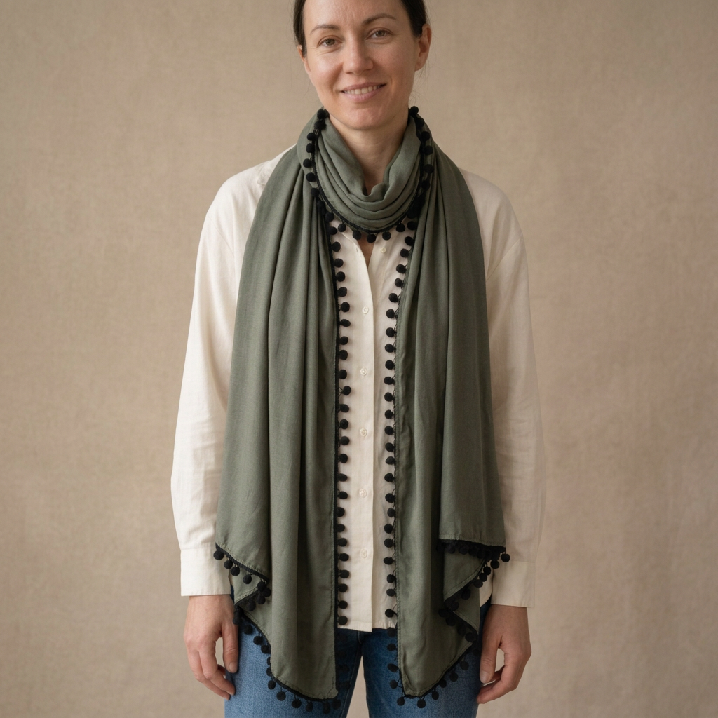 Model wearing a khaki green viscose scarf with black pompom trim, square portrait