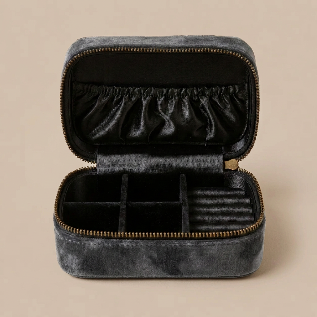 Open dark grey jewellery case with black interior compartments and ring rolls on a warm beige background