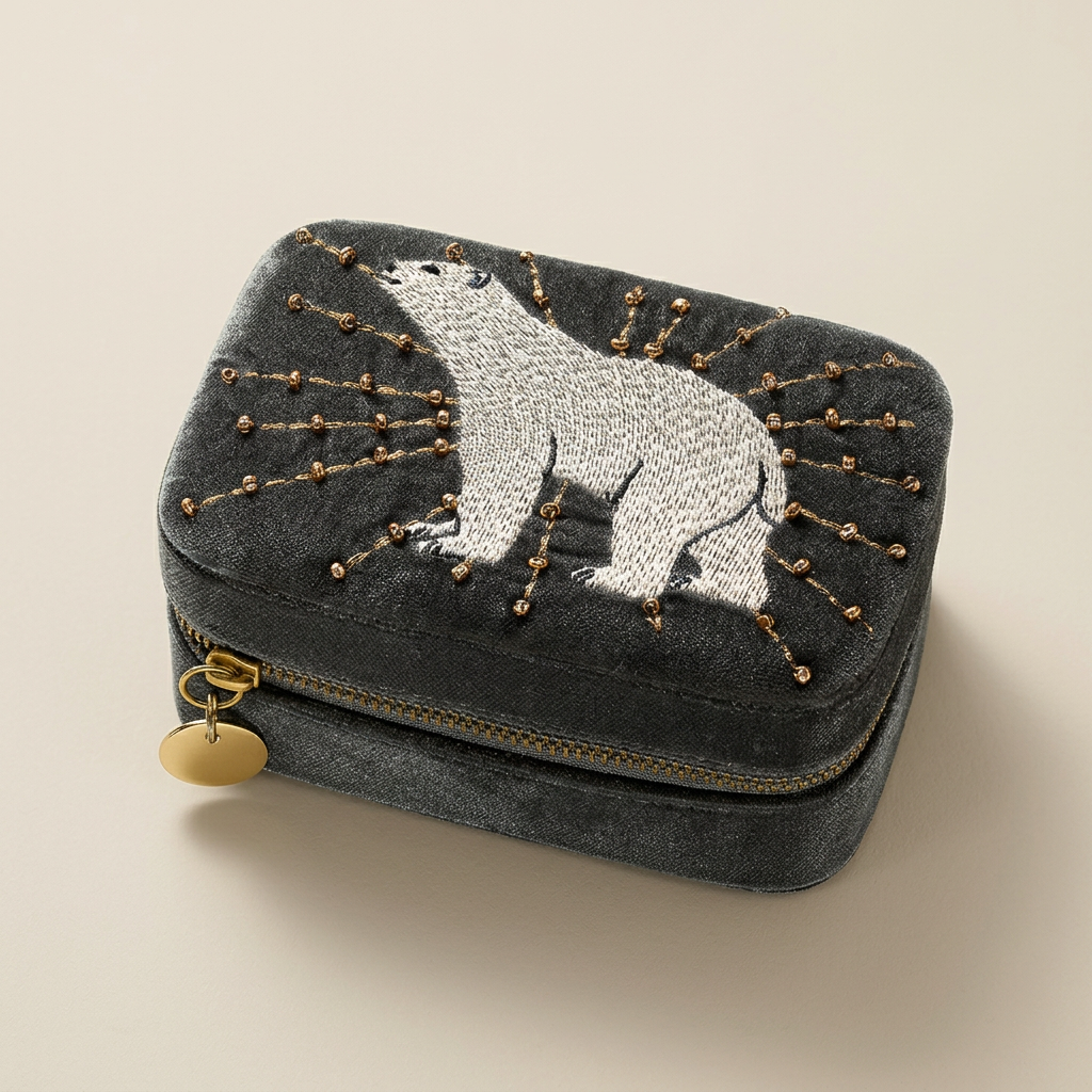 Arctic Glow charcoal-grey jewellery box with embroidered white polar bear and gold-tone beaded details on a warm-neutral background