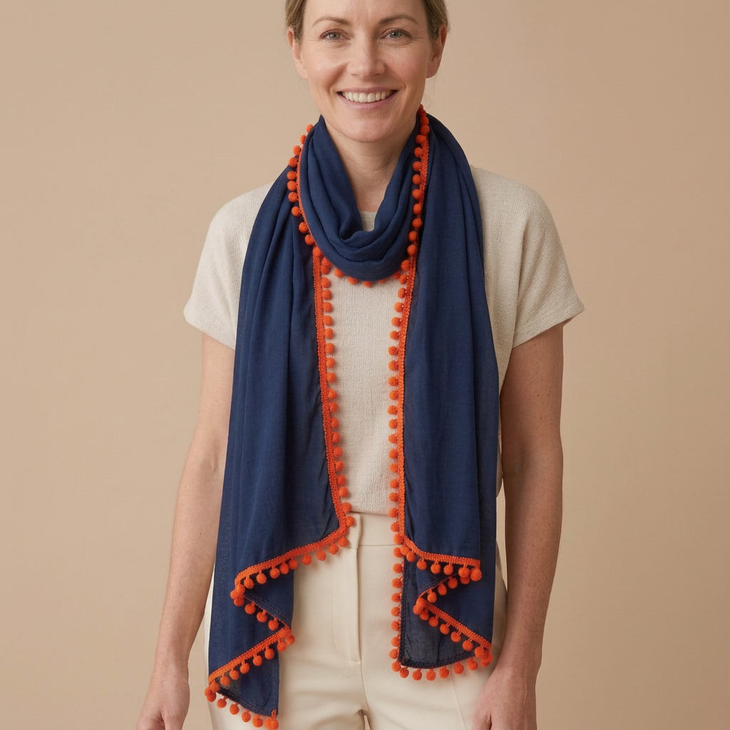 Model wearing the Navy Pop navy viscose scarf with orange pompom trim, square portrait