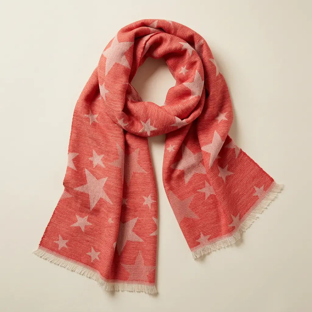 Red woven star scarf flat lay on a warm ivory background