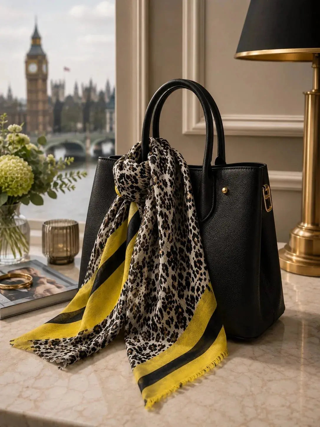 Leopard Scarf - Navy Print with Yellow Stripes Ocean Ray London
