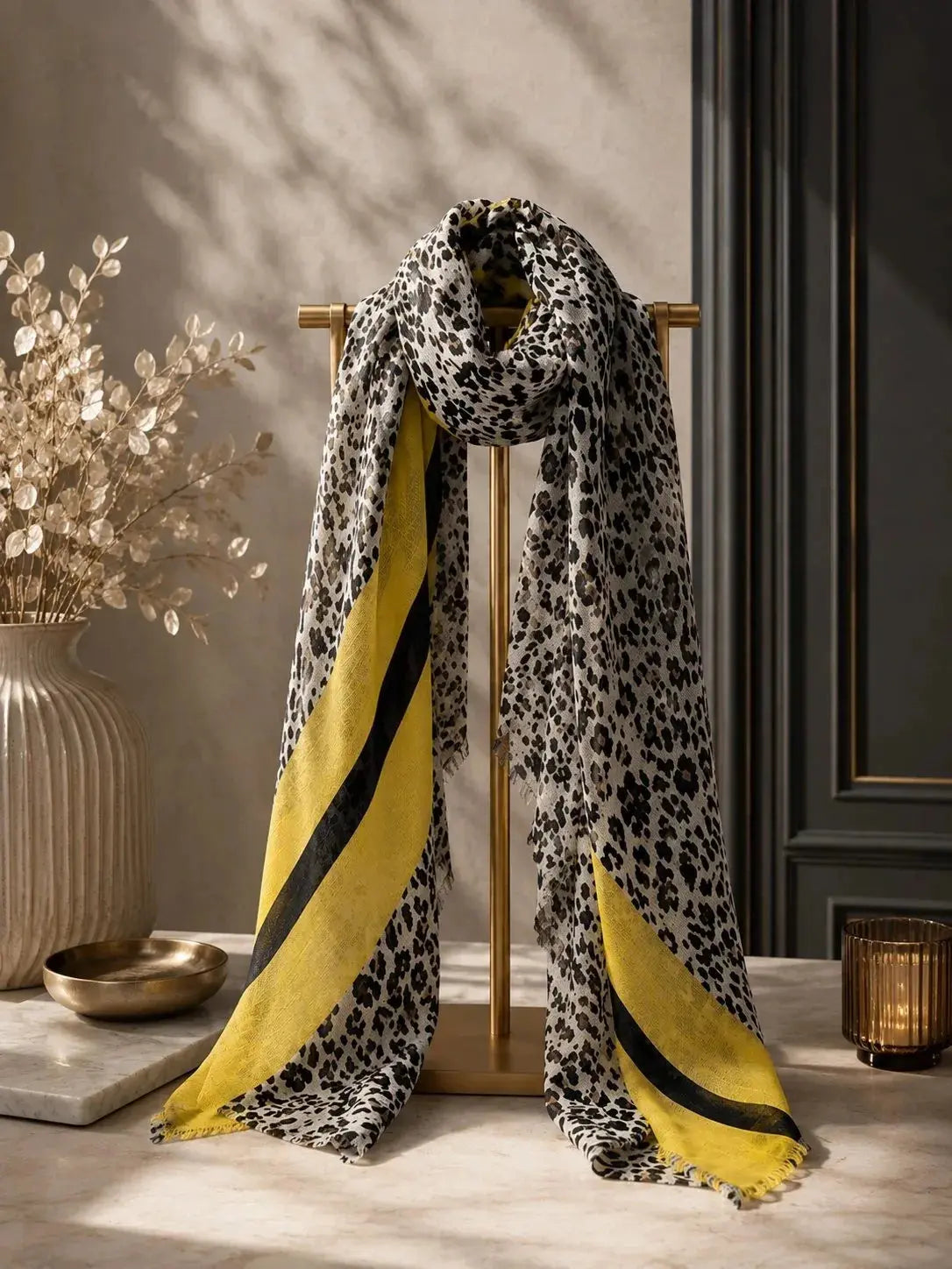 Leopard Scarf - Navy Print with Yellow Stripes Ocean Ray London