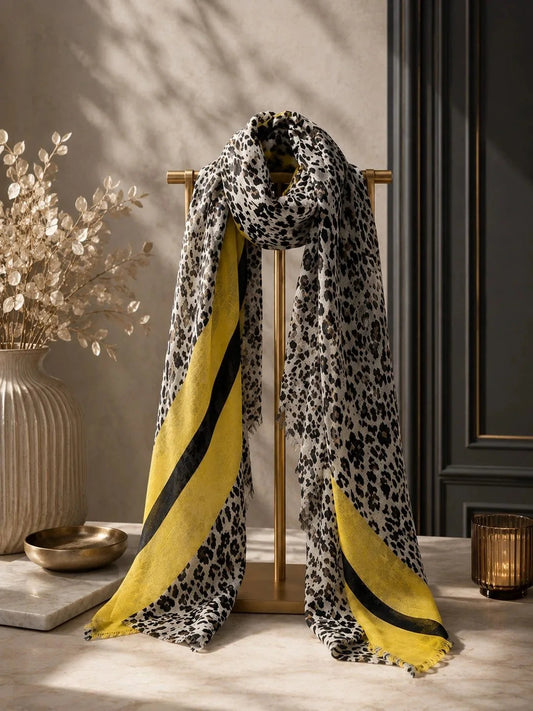Leopard Scarf - Navy Print with Yellow Stripes Ocean Ray London