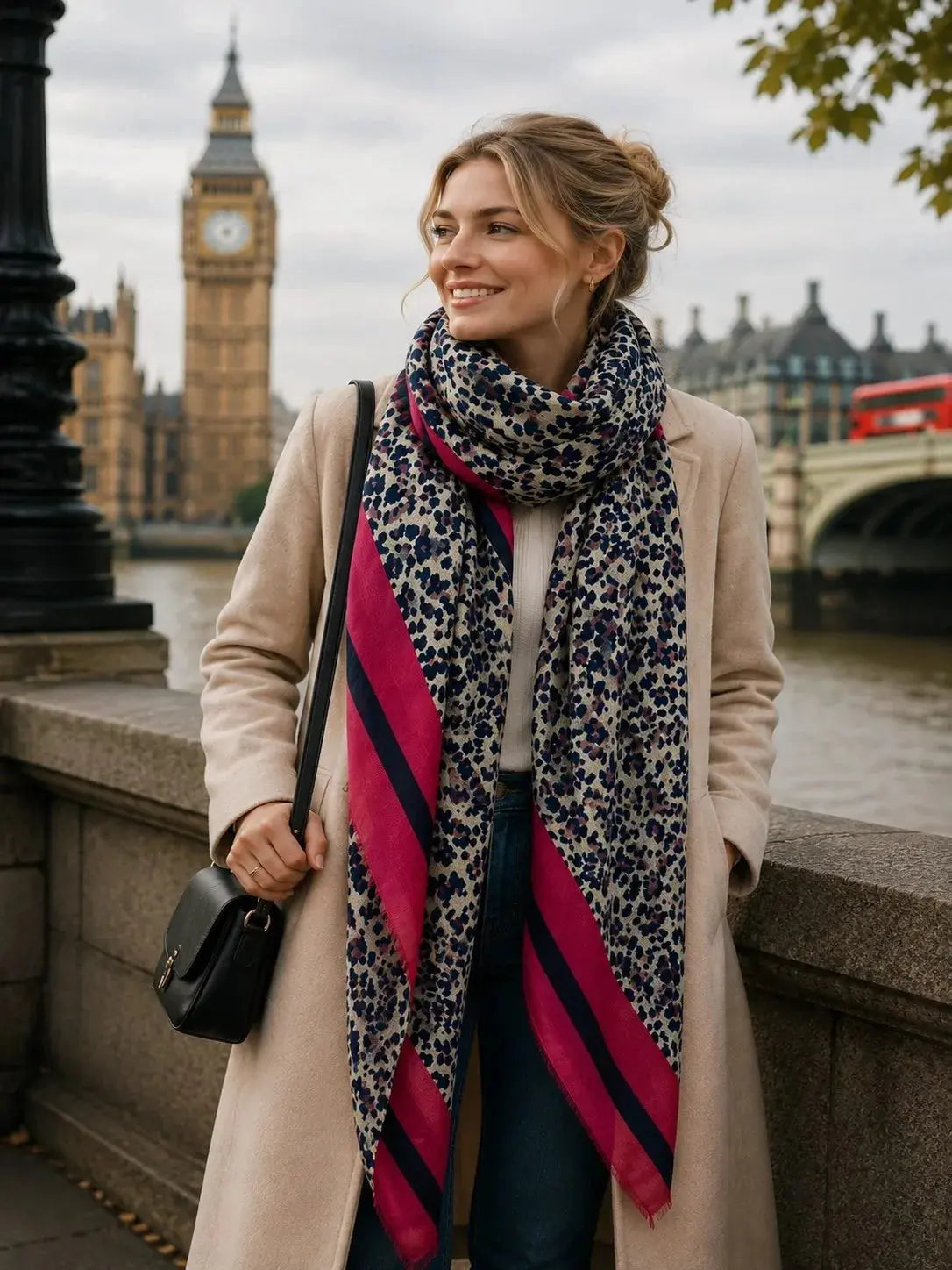 Leopard Scarf - Navy Print with Pink Stripes Ocean Ray London