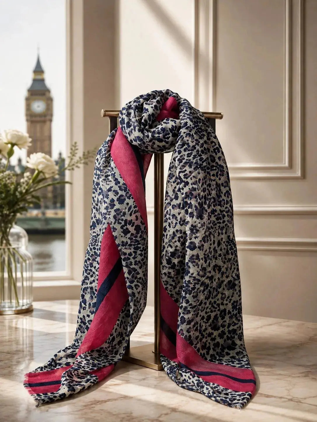 Leopard Scarf - Navy Print with Pink Stripes Ocean Ray London