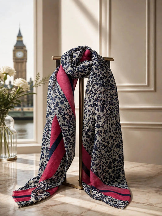 Leopard Scarf - Navy Print with Pink Stripes Ocean Ray London