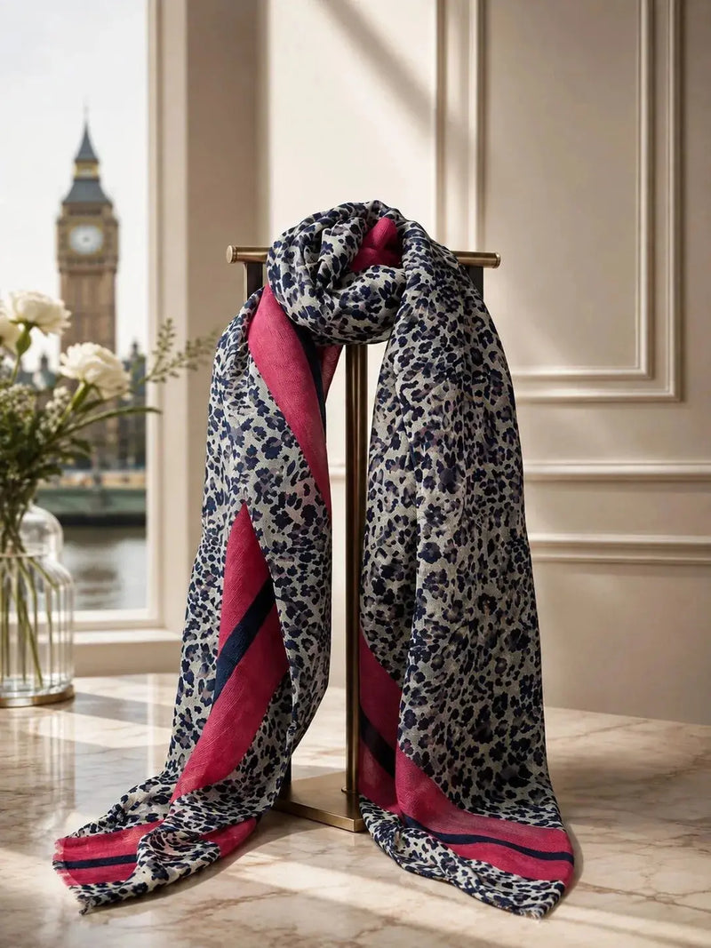 Leopard Scarf - Navy Print with Pink Stripes Ocean Ray London