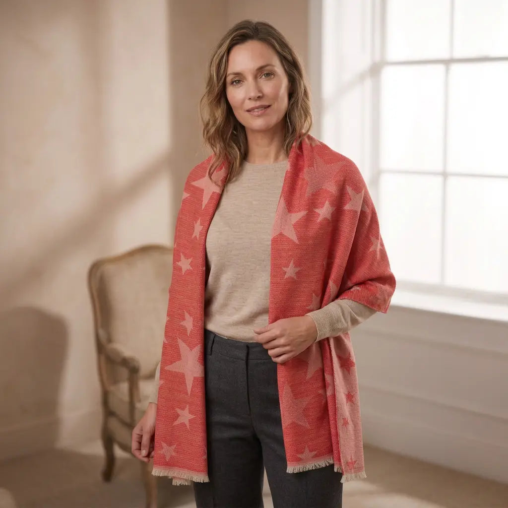 Square product image of a natural-looking model wearing the red star scarf