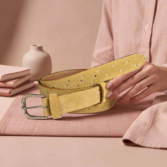 Ladies Leather Belt - Mustard Yellow with Gold Dots Ocean Ray London