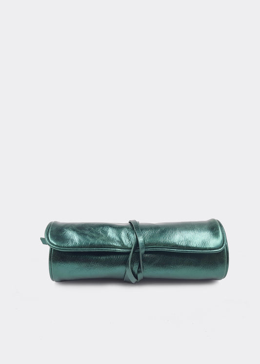 Jewellery Roll Green Metallic Leather