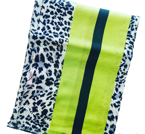 Leopard Scarf - Navy Print with Lime Stripes