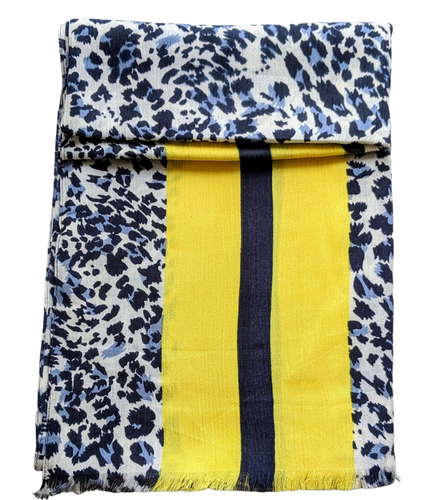 Leopard Scarf - Navy Print with Yellow Stripes
