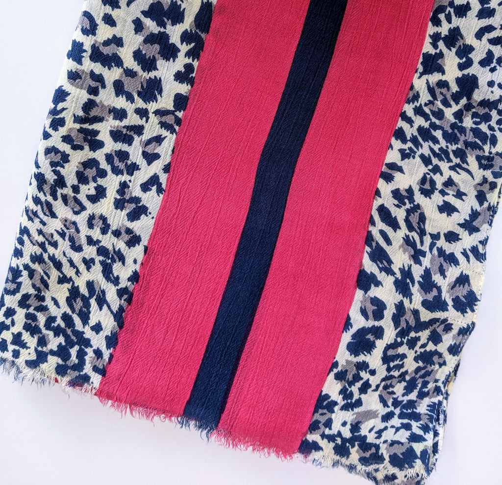 Leopard Scarf - Navy Print with Pink Stripes