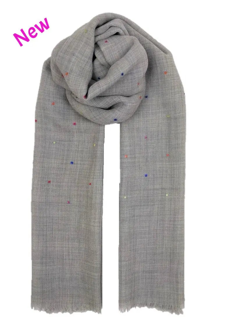 Multi Color Embroidered Dots Wool Silk Scarf Ocean Ray